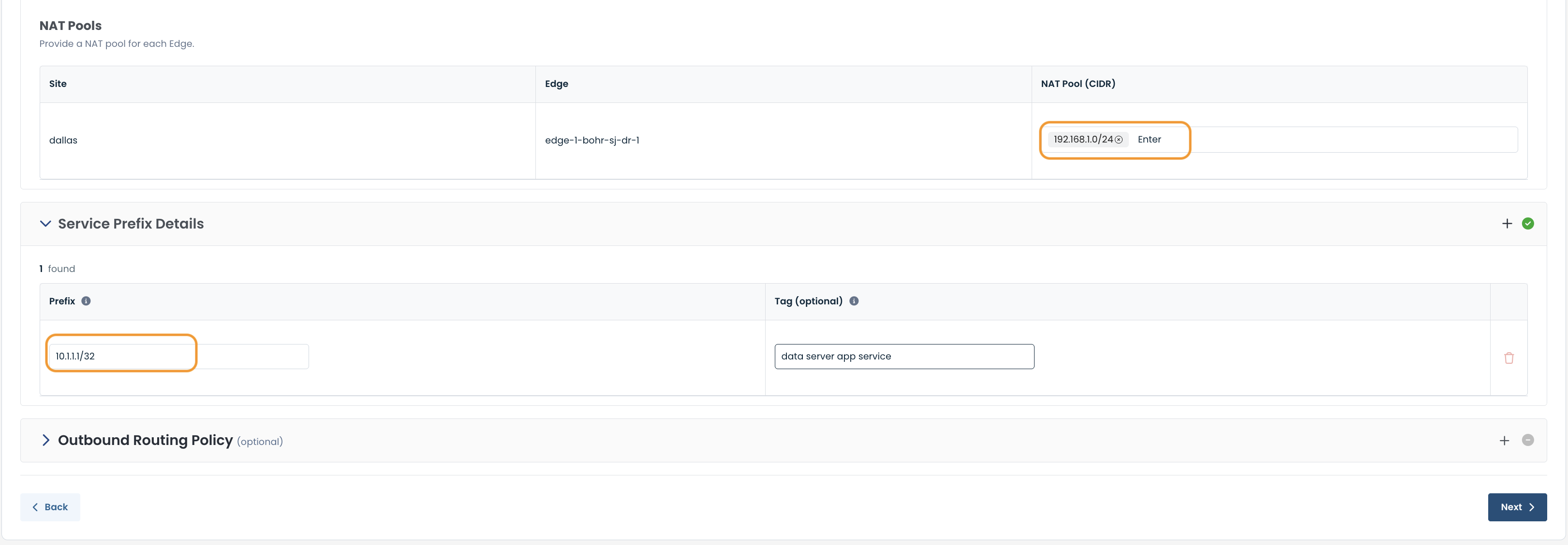 NAT pool configuration showing site, edge, and service prefix details for networking.